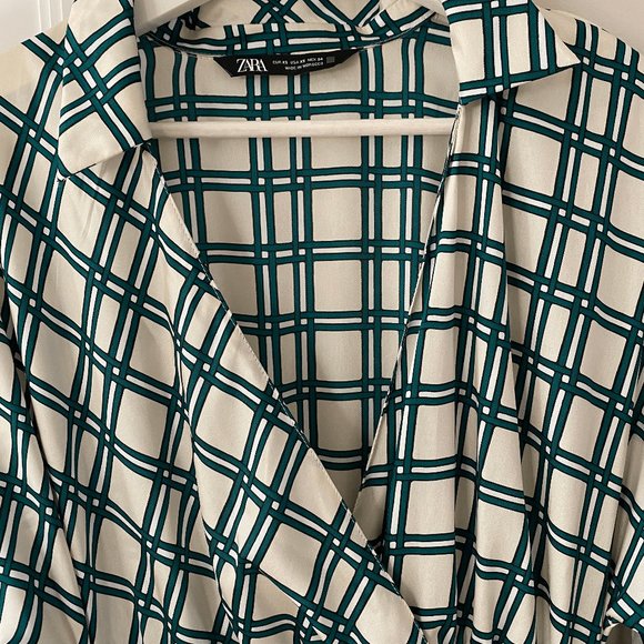 Zara Green and White Windowpane Silk Midi Dress XS - Picture 2 of 6